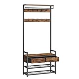 VASAGLE Garderobenständer mit Schuhbank, Garderobe, Schuhaufbewahrung, 2 Schubladen aus Stoff, 10 Haken, 6 seitliche Haken, 30 x 80,4 x 181,6 cm, vintagebraun-tintenschwarz HSR429B01