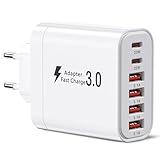 USB C Ladegerät 52W, Mehrfach Ladegerät Stecker mit 2xUSBC und 4xUSBA, 6 Ports Schnellladegerät PD20W Power Adapter USB Netzteil Kompatibel mit iPhone 16/15/14/13/12/11/iPad/Galaxy S21/S22/S23/S24