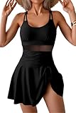 VILOREE Damen V-Ausschnitt Badekleid mit Slip Einteiliger Badeanzug mit unregelmäßigem Röckchen Bauchweg Schwarz (128) XL