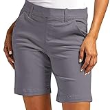 Shorts Damen Lässig Elastische Hohe Taille Sommershorts Leichte Einfarbig Kurze Hose mit Taschen Lose Business Arbeitshorts Vielseitig Freizeitshorts Frauen Knielange Kurz Hosen(C01 Gray,L)