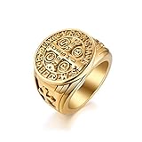 JewelryWe Schmuck Retro Herren-Ring Edelstahl Exorcism St Benedict Kreuz Ring Dämon Schutz Ghost Hunter CSBP katholischen Siegelring Bandring mit Gravur Gold Größe 62