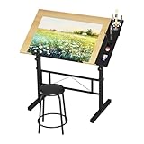 Dripex Zeichentisch 0-60° Neigbar Architektentisch Verstellbarer Tischplatte Höhenverstellbar Arbeitstisch Zeichnung Computertisch mit Hocker für Office und Home Holzfarbe