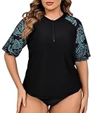 Halcurt UV Shirt Damen Große Größen Rash Guard Kurzarm 1/4 Zip UPF 50+ UV Schutz Badeshirt Schwimmshirt Schnell Trocknender Bademode 3X
