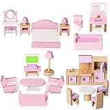 Puppenhaus Möbel Set Holz 5 Zimmer Kit 22 Stück Miniatur Puppenhaus Holzmöbel Zubehör, einschließlich Küche, Esszimmer, Wohnzimmer, Schlafzimmer, Badezimmer für Spielhaus