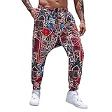 OUSHOP Herren-Jogginghose aus Baumwolle mit 3D-Druck und Tasche, elastische Taille, Hippie, lässig, Strand, Wandern, Joggen, Pumphose,Rot,S