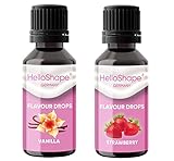 Flavour Drops zuckerfrei Set 2x 30 ml - Vanille & Erdbeere | Geschmackstropfen OHNE KALORIEN zum Süßen mit Dosierhilfe | vegan | Für Naturjoghurt, Porridge oder Quark - Hello Shape