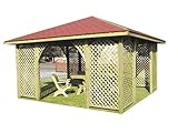 HOLZPAVILLON GARTENLAUBE mit HOLZDACH 4m x 4m (äußer 4.45m) mit Schindeln