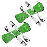 Wiederverwendbare Edelstahl Sporks, 4 Stück Tragbares Göffel Löffel Gabel Langlebiges Campingbesteck Set mit Tasche für Reise-Outdoor-Picknick