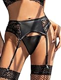 ohyeahlady Leder Strapsgürtel Damen Sexy mit 6 Halter Strapsen Dessous Set Große Größen Strapsen Halter Spitze Strumpfband Strumpfhalter Strumpfgürtel Schwarz 2,L