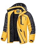 KEFITEVD Herren Skijacke Warm Gefütterte Softshelljacke Winter Atmungsaktiv Outdoorjacke Verdick Winddicht Übergangsjacke mit Kapuze Grau-gelb XXL