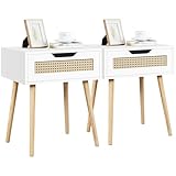 Yaheetech Nachttisch 2er Set Beistelltisch Rattan Nachtkommode mit Schublade Schlichter Boxspringbett Nachtschrank Holzbeine Sofatisch Nachtkonsole 48,5 cm L × 41 cm B × 57,5 cm H, Weiß