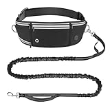 Looxmeer Joggingleine Hunde mit Bauchgurt, Freihändig Hundeleine für Große und Mittelgroße Hunde mit Dual Griffe, Reflektierende Laufleine Bauchgurt Hundeleine zum JoggenLaufen, 1.6-2.2M, Schwarz