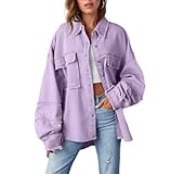 Generisch Damen Oversize-Jeansblusenjacken, Lässige Button-Down-Bluse Mit Ausgefranstem Saum, Zerrissene Jeansbluse, Lockere Passform, Herbst-Winter-Langarmjacke Mit Taschen, Lila, M