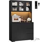 FirFurd Küchenschrank Buffetschrank mit LED Sideboard für Küche mit Steckdosenleiste Küchenschrank mit Arbeitsplatte und 3 Schubladen Küchenbuffet mit Verstellbares Regal 180x100x38.5 cm (schwarz)