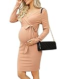 KOJOOIN Damen Umstandskleid Enge Langarm Stillkleid V-Ausschnitt Schwangere Kleider Mutterschaft Schwangerschaft Knielanges Partykleid mit Gürtel (Verpackung MEHRWEG), A-Beige, M