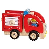 Goki 55927 Feuerwehrauto aus Massivholz, Rotes Spielzeugauto mit Gummireifen & Feuerwehrmann, Spielzeug ab 2 Jahren