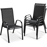 LIFERUN Gartenstühle Stapelstuhl Camping Stapelbar Hochlehner Terrassenstuhl Textilene Stahlgestell für Gärten Innenhöfe Balkone Restaurants 150 kg Belastbar 54 x 69 x 93cm (4pcs, Schwarz)