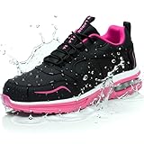 LANSNBO Wasserdichte Stahlkappenschuhe für Damen, rutschfest, pannensicher, Sicherheits-Arbeitssneaker, bequem, leicht, modische Schuhe für Industrie, Bau und Gastronomie, Schwarz, Rot, 37.5 EU