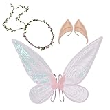 GWAWG Feenflügel für Erwachsene, Feenflügel, Kinder, Schmetterlingsflügel, Set mit Feenflügeln mit Blumen-Kopfband, Elfenohren und Ohrringen, Elfenohren, Krone, Blume, Kostüm