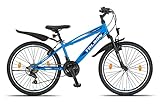 Talson 24 Zoll Mountainbike Fahrrad mit 21-Gang, Gabelfederung & Beleuchtung Blau
