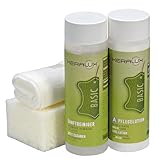 KERALUX 4-teiliges Lederpflegeset A für Anilinleder, 200 ml Reiniger, 200 ml Pflege, Schwamm, Tuch. Mit Imprägnierung und Lichtschutz
