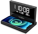 Reflexion ACW2188 Wireless Charger, Smartphone Ladestation, Wecker mit kabellosem Ladegerät, Großes Display für Uhrzeit, Datum und Temperatur, 2 Weckzeiten, Nachtlicht, USB Ladefunktion