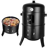 Räucherofen, 3 in 1 Smoker Grill Holzkohlegrill, Räuchertonne Räuchergrill Watersmoker, Räuchern Räucherofen mit Deckel & Thermometer, 2 Grillrost Edelstahl, 2 Wasserschale Emaille, Holzkohle Grill