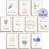 10 Geburtstagskarten | Glückwunschkarten zum Geburtstag | Set 10 Klappkarten Happy Birthday inklusive Naturkuvert | Karten Geburtstag | Glückwunschkarten aquarell (Geburtstag)