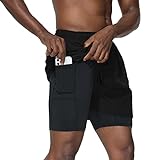 HMIYA Herren 2 in 1 Laufhose Kurz Sporthose Fitness Shorts mit Handytasche und Reißverschluss（Schwarz,EU-M/US-S