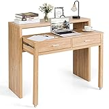 GIANTEX Schreibtisch ausziehbar mit Rollen, Computertisch Konsolentisch mit 2 Schubladen, Sekretär Schreibtisch Holz, Arbeitstisch Bürotisch platzsparend, Maße geschlossen: 100 x 36 x 88 cm