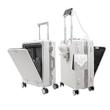 Hartschalen-Koffer Trolley,Reisekoffer mit USB und Typ-C Ladeanschluss,Aluminiumrahmen Handgepäck mit Getränkehalter,Rollkoffer mit Laptopfach,Mittelgroß mit Rollen,TSA,55cm (Weißer)