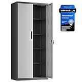 SONGMICS Aktenschrank, Mehrzweckschrank, Stahl-Aufbewahrungsschrank, 5 Ebenen, Doppeltüren, Schloss, Werkzeugschrank, verstellbare Ablagen, Garage, Büro, Wohnzimmer, silbern-schwarz OMC015S01