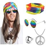 NebulaGlam 5-Teiliges Hippie Kostüm Set, Hippie Kostüm Damen Herren, Männer Karneval Fasching Perücke, Perücke + Bunte Haarband + Brille + Halskette + Ring 70er 80er Jahre Karneval Themenparty