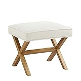 Amazon Basics Moderner Polsterhocker, gepolstert, quadratisch, für Eingangsbereich, Flur, Wohnzimmer, Leinen, Massivholz, Elfenbeinfarben, 45.7 x 50.8 x 45.7 cm