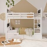 SUNFECILI Kinderbett Etagenbett 90x200 mit 2 Schubladen für 2 Kinder, Hochbett mit Leiter und Rausfallschutz, Kiefer Holz Bett mit Tafel und Lattenrost, ohne Matratze, Weiß