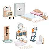 Puppenhaus Möbel Holz Set, Holz und Kunststoff Bad und Schlafzimmer-Set, 24 Teiliges Puppenhaus Zubehör Pretend Play Möbel Spielzeug für Jungen, Mädchen und Kleinkinder Wooden Dollhouse Furniture Set