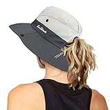 Damen Outdoor UV-Schutz Faltbare Sonnenhüte Mesh Breiter Rand Strand Fischerhut mit Pferdeschwanzloch, Beige/Grau, Einheitsgröße