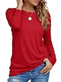 Cicy Bell Damen Langarmshirt Rundhals Basic Longshirt Falten Tshirt Langarm Oberteil Elegant Tunika Tops Lockere Shirt Rot XL