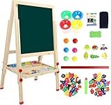 Dripex Kinder Tafel Holz Kindertafel Malerei Holztafel Doppelseitige Kreidetafel und Whiteboard Höhenverstellbar Standtafel mit 24Stk Zubehör (ab 3 Jahre)