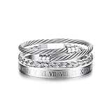 FIOROYAL 3 Stück Edelstahl-Armbänder für Herren, römische Ziffern-Armreif, verstellbares Manschettenarmband, gedrehtes Kabelarmband, Herren-Luxus-Armbänder, Schmuck, Geschenke, Silber