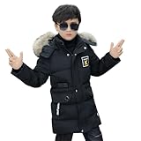 linboo Winterjacke Jungen Kinder Jacke mit Abnehmbare Fellkapuze Dicke Steppjacke Gefüttert Warme Parka Outdoor Winddicht Wintermantel, Schwarz, 134-140(Etikettengröße: 140)