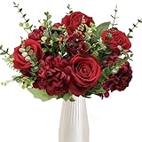 XHXSTORE Künstlicher Blumenstrauß, rote künstliche Blumen mit Rosen und Hortensien, Seidenblumen für Zuhause, Innenbereich, Blumenarrangement, Hochzeit, Tafelaufsätze, Frühlingsdekoration