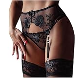 ROSVAY Damen Transparent Sexy Strumpfgürtel mit 4 verstellbaren Clips G-String Strumpfgürtel Korsett Spitze Hohe Taille Tanga für Strümpfe Dessous Strumpfbänder (Schwarz), Einheitsgröße