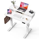 FiCiHi Stehschreibtisch mit Doppelschubladen, C-Klemmhalterung kompatibel, elektrisch höhenverstellbar, Computer-Stehpult, Heimbüro, Sitz-/Stehtisch mit 3 voreingestellten Höhen und 2 Haken, Weiß