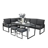 Monster Shop Garten Aluminium Möbelset Anthrazitgrau 7-Sitzer Outdoor Terrasse Lounge Sectional Ecksofa Glasplatten Esstisch 2 Hocker Dicke Polster mit Waschbaren Bezügen wasserdichte Regenabdeckung