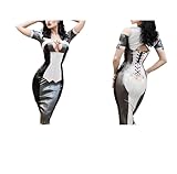 100% Latex Naturkautschuk Kleid Cosplay Lange Rock Masquerade Front Reißverschluss Kleidungsstück mit Gürtel 0.4MM, Schwarz Weiß Silber,M