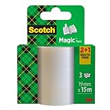 Scotch Magic Tape - 2 Rollen + 1 GRATIS-Rolle, 19 mm x 15 m - Unsichtbares Klebeband für allgemeine Zwecke zur Reparatur, Etikettierung und Versiegelung von Dokumenten