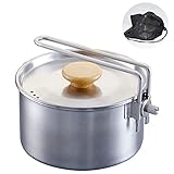 TOOSOAR Camping Topf, Edelstahl Kochtopf, Campingkocher Set mit Deckel und faltbarem Griff, 1000ml Großes Fassungsvermögen, für Wandern, Picknick