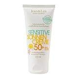 Jean & Len Sensitiv Sonnencreme 50+ LSF wasserfest, Sofortschutz für empfindliche Gesichtshaut, Sonnenschutz ohne Silikone, Nanopartikel, Octocrylen, Mikroplastik, vegan, Reisegröße 50 ml