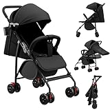 Homewell Kinderwagen, Liegebuggy mit großes Verdeck, Sportwagen, Zusammenklappen, Verstellbarer Griff, kompakter Buggy inkl. Moskitonetze & Matten & Getränkehalter (Schwarz)